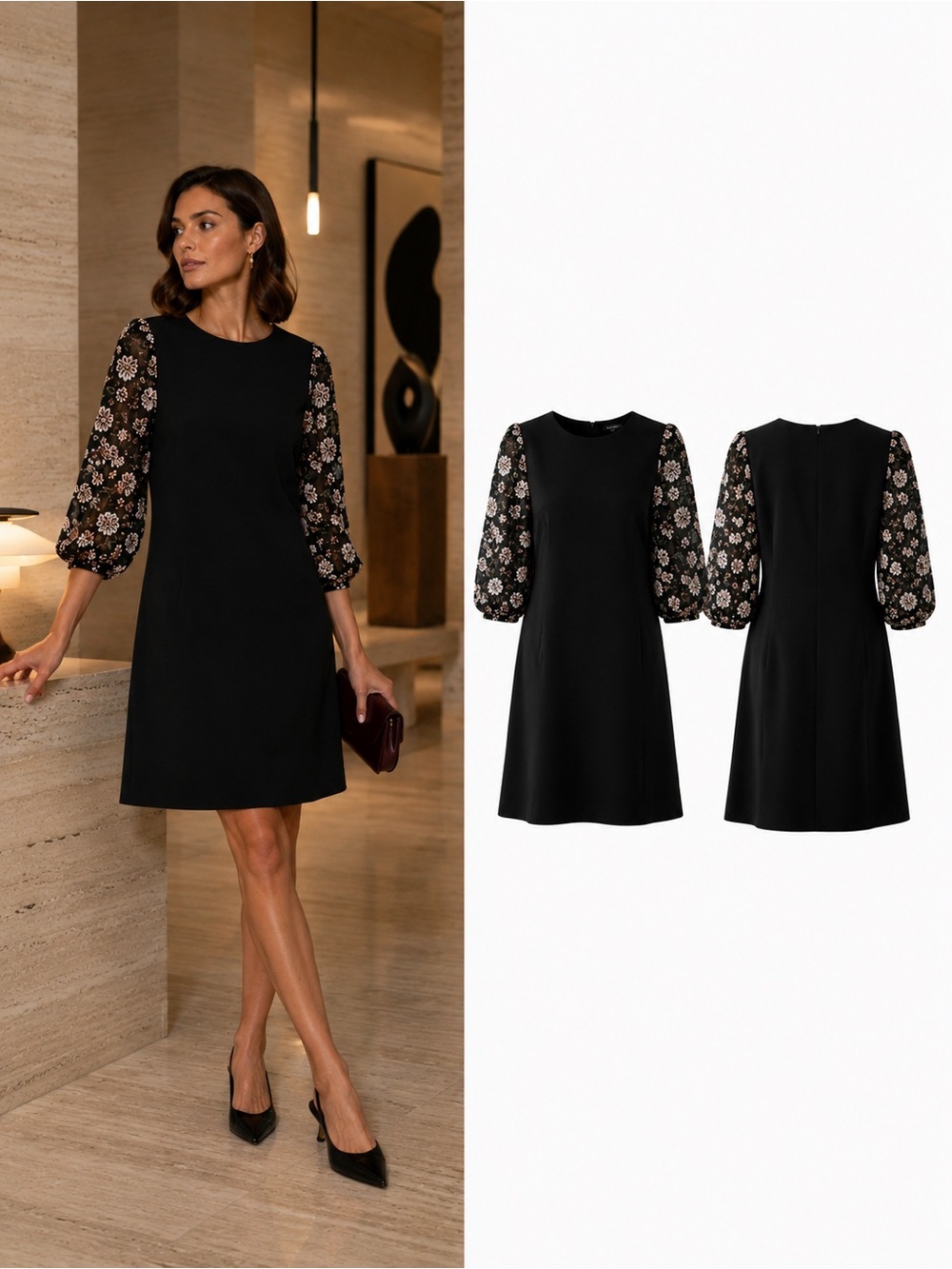 Judith & Charles Black Embroidered Sleeve Cocktail Dress Size 10 Made Canada
